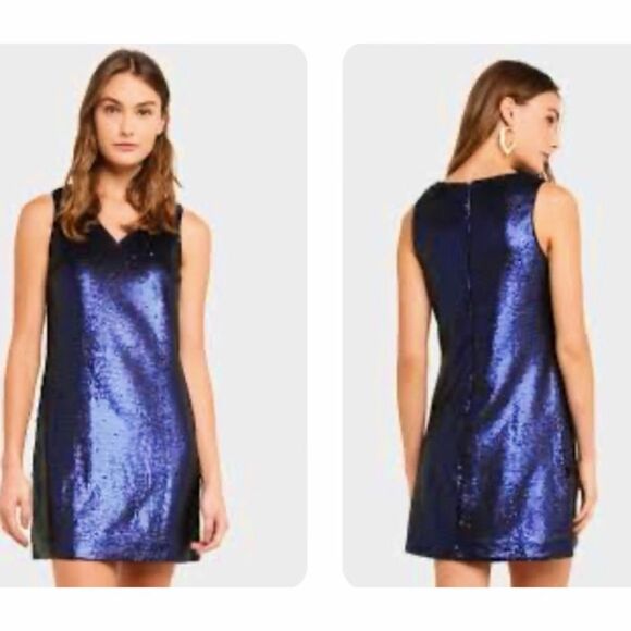 NEW Banana Republic Blue Elegant Sequin V-Neck Evening Dress S - Picture 1 of 10